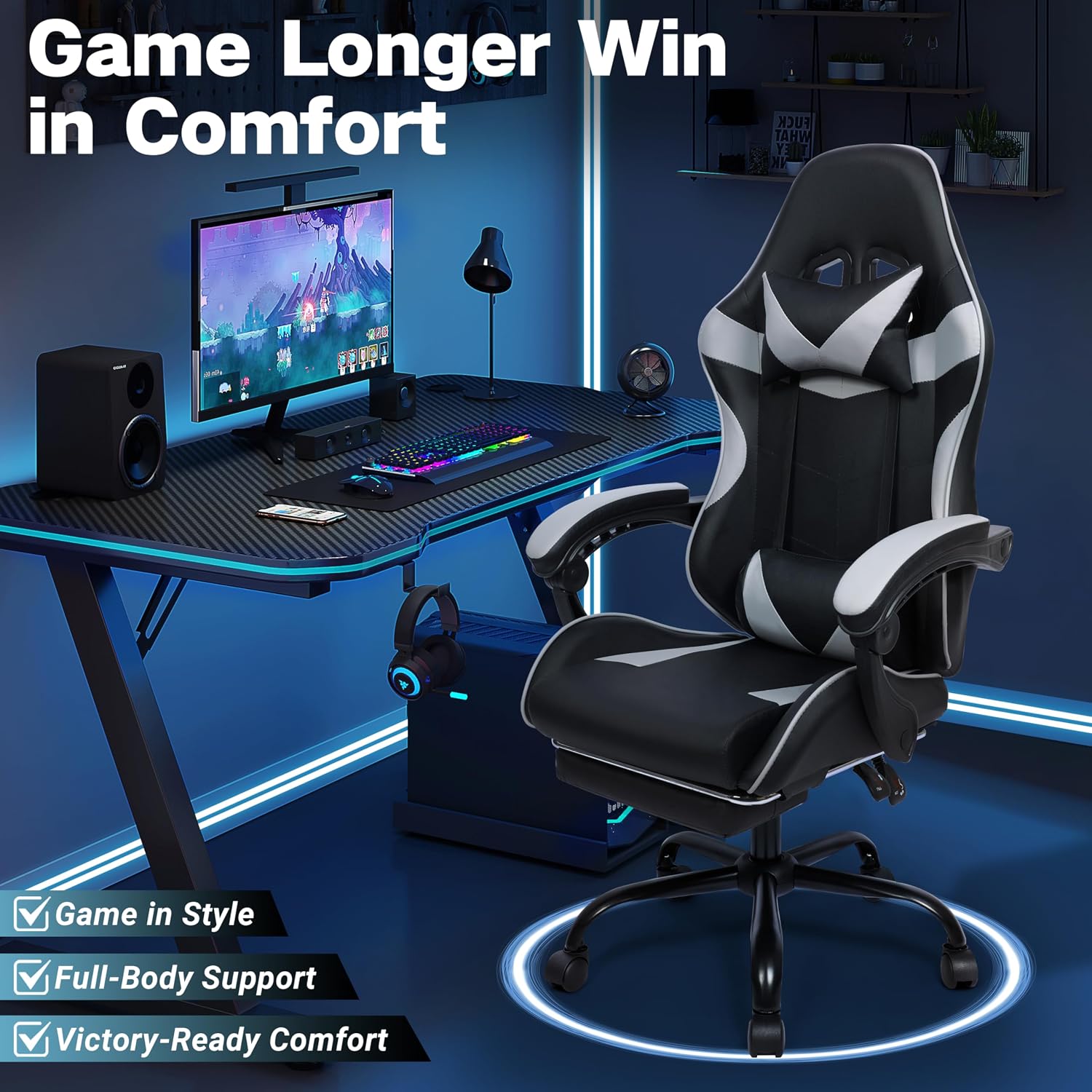 FAB&Deluxe Gaming Chair, Ergonomic Computer Office Chair with Footrest and Lumbar Support, Height Adjustable Desk Chair with 360° Swivel Seat and Headrest, Grey & Black