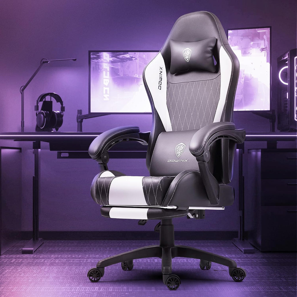 Dowinx Gaming Chair with Massage Lumbar Support and Footrest, Gaming Chairs for Adults, Ergonomic Computer Chair High Back with Pocket Spring Cushion, Swivel Recliner with Headrest, White