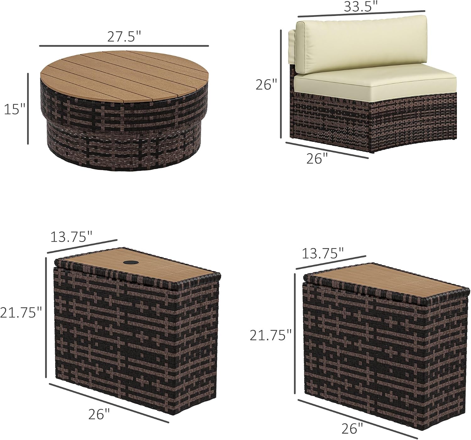 Outsunny 8 Piece Patio Furniture Set with 4 Rattan Sofa Chairs & 4 Tables, Outdoor Conversation Set with Storage & Umbrella Hole for Backyard, Lawn and Pool, Mixed Brown