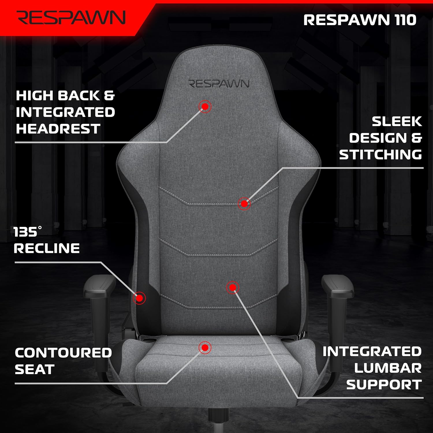 Respawn 110 Ergonomic Gaming Chair - Reclining Office Video Game Swivel Chair with Lumbar Support, Headrest, Heavy Duty, High Back, Racing Style Gaming Recliner Seat for Computer Gamer - Gray Fabric