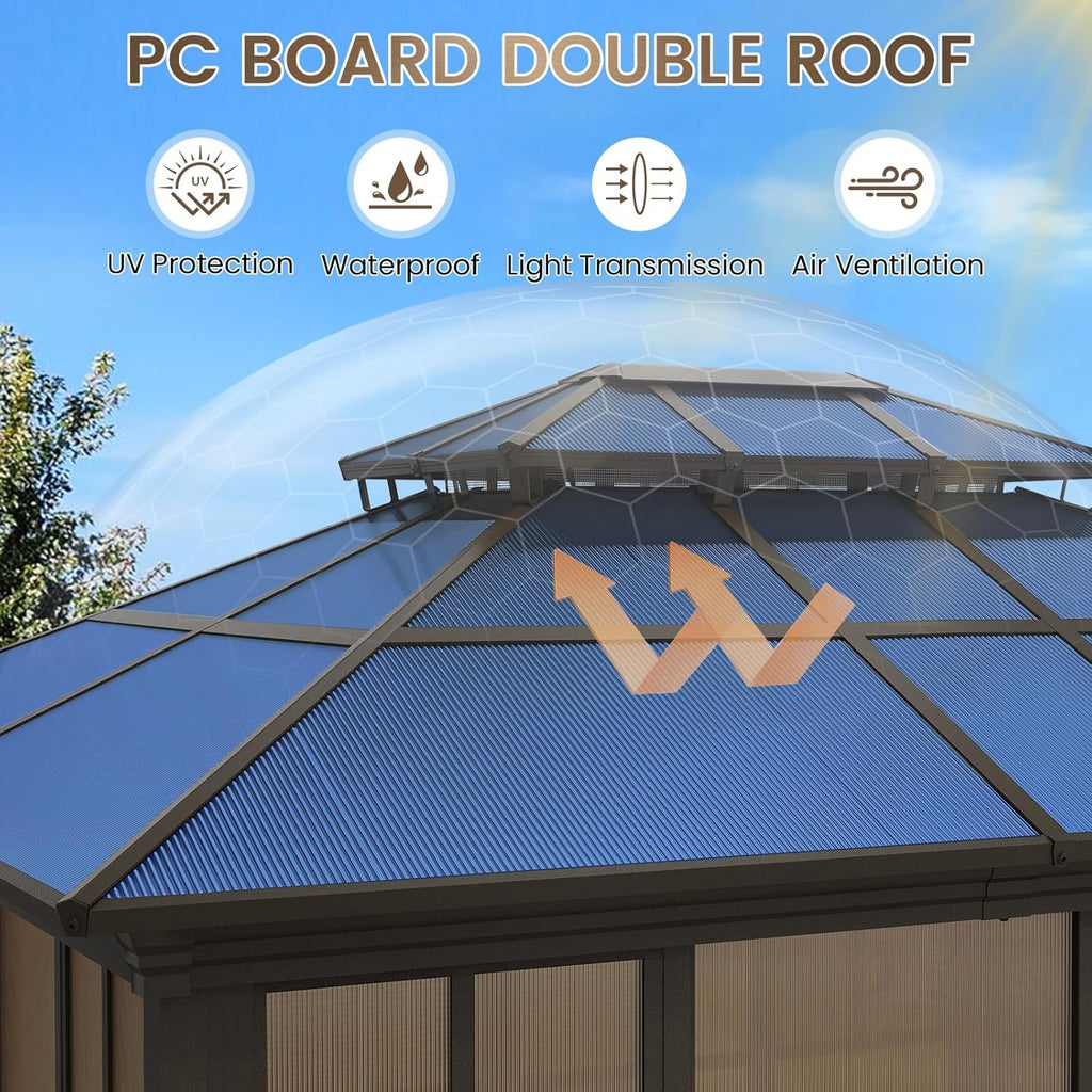 YOLENY 10x12 Sunroom Gazebo, Enclosed Outdoor Solarium with Tinted Polycarbonate Roof, 4 Lockable Sliding Doors & Aluminum Frame, Permanent Hardtop Patio Gazebo for Backyard