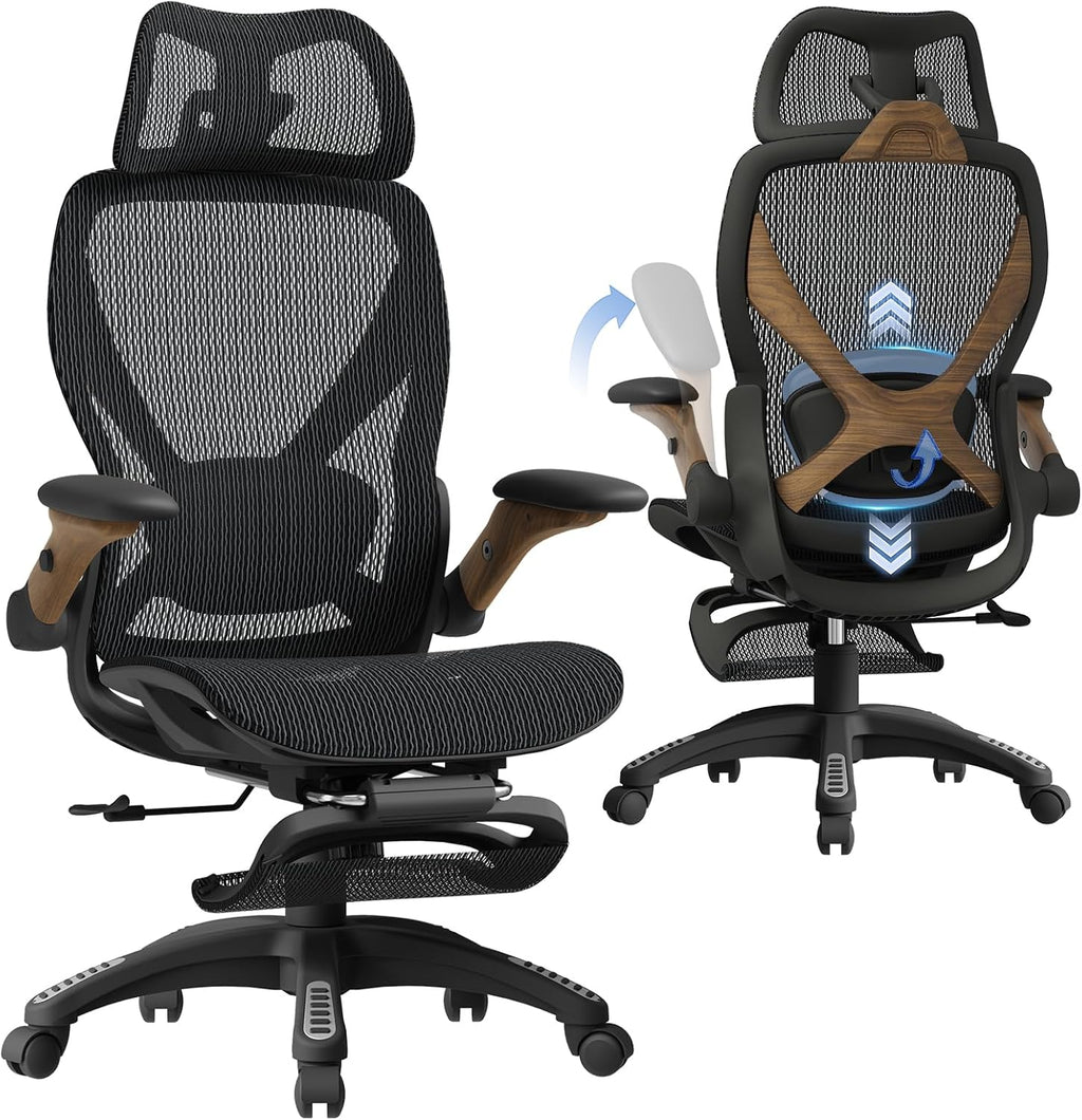 ELABEST X100 Ergonomic Office Chair with Footrest, Big and Tall Home Desk Chair with 5D Flip-Up Arms, Adjustable 3D Lumbar Support,High Back Rolling Computer Chair, Swivel Mesh Chairs (Library Oak)