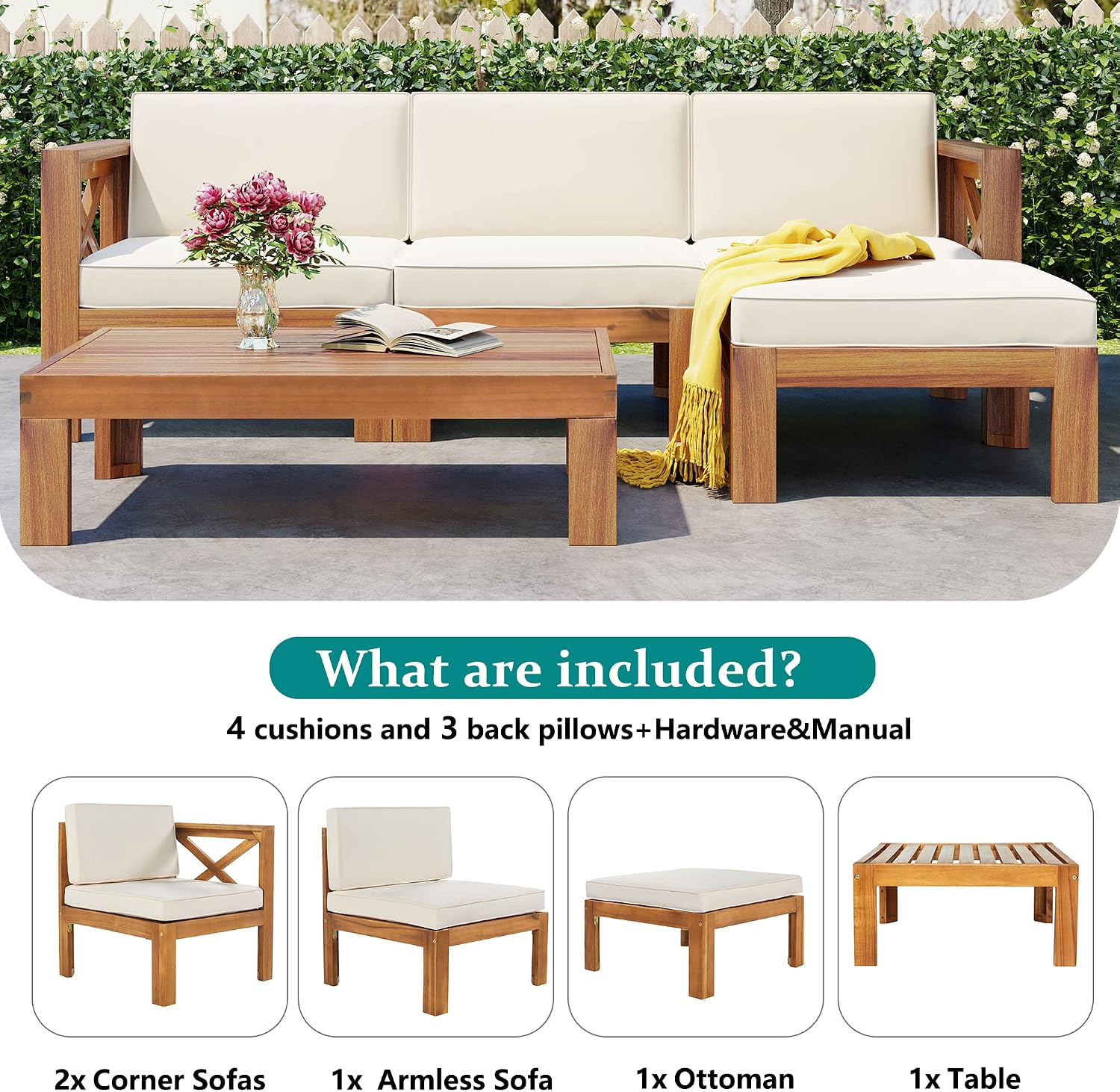 Upgrade Acacia Wood Outdoor Patio Sectional Sofa Set, 5-Piece All-Weather Conversation Sofa Set with Cushions and Side Coffee Table for Balcony Garden Backyard Poolside (Beige-UP)
