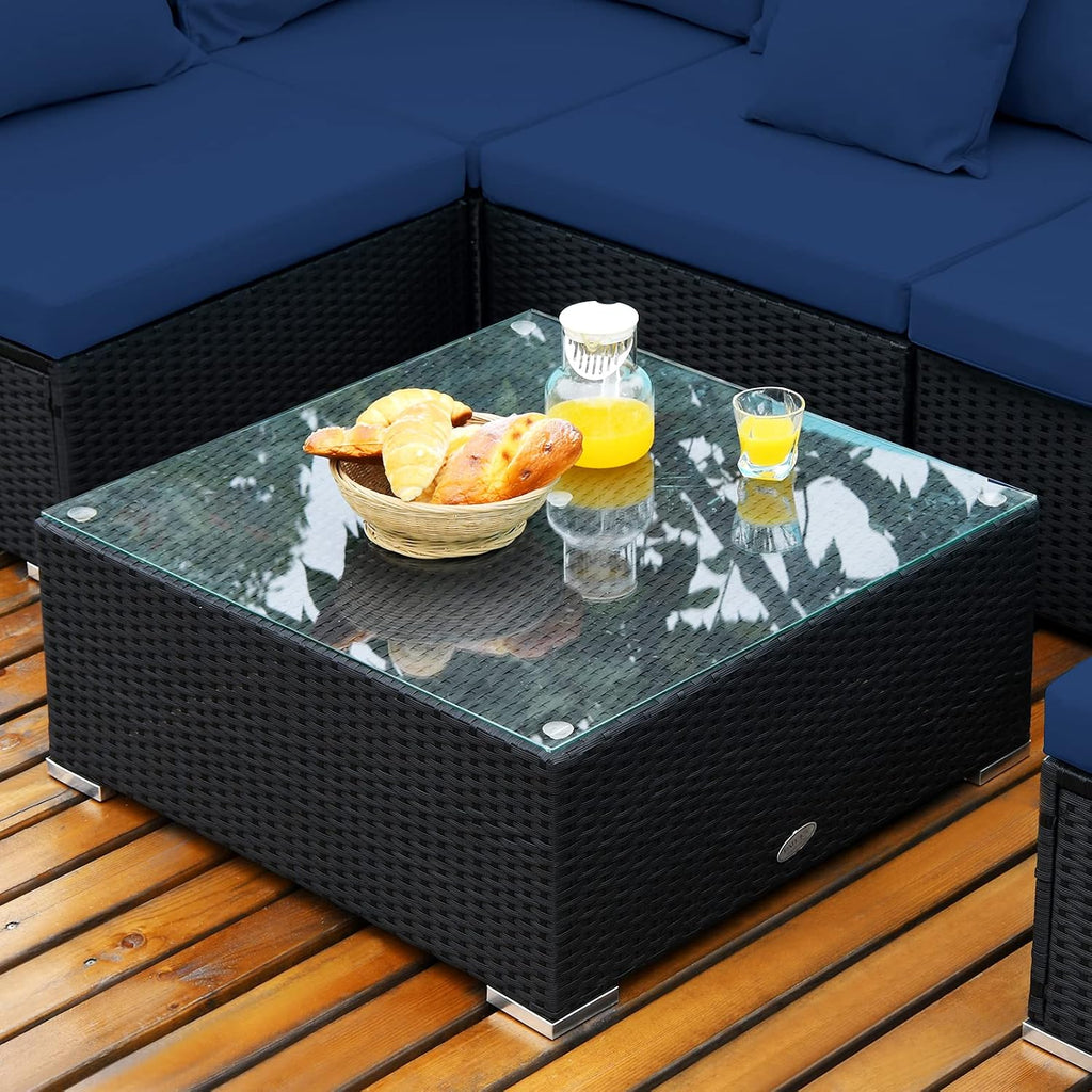 Tangkula 7-Piece Patio Furniture Set, Outdoor Sectional Wicker Sofa with Pillows and Cushions, Conversation Set with Coffee Table & Tea Table for Garden, Lawn (Navy Blue)