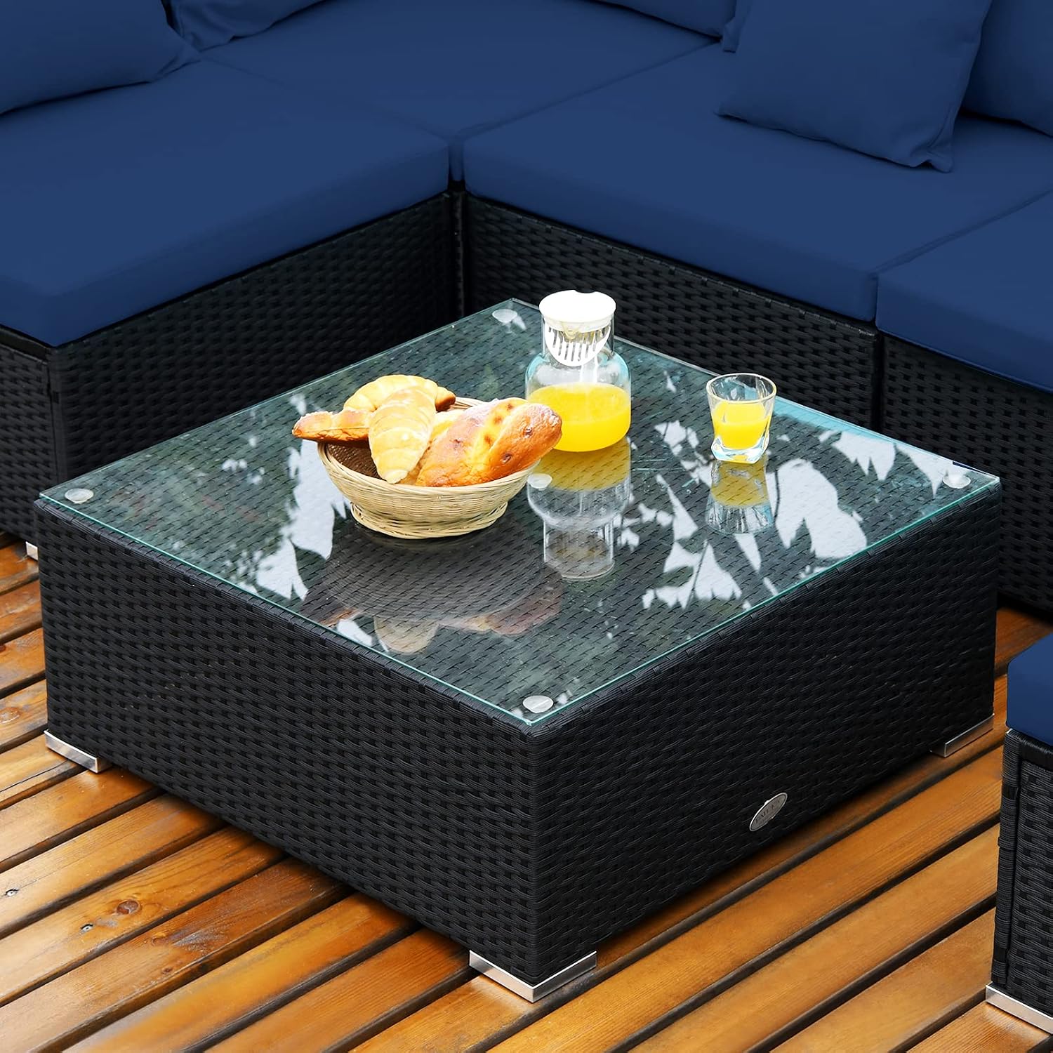Tangkula 7-Piece Patio Furniture Set, Outdoor Sectional Wicker Sofa with Pillows and Cushions, Conversation Set with Coffee Table & Tea Table for Garden, Lawn (Navy Blue)