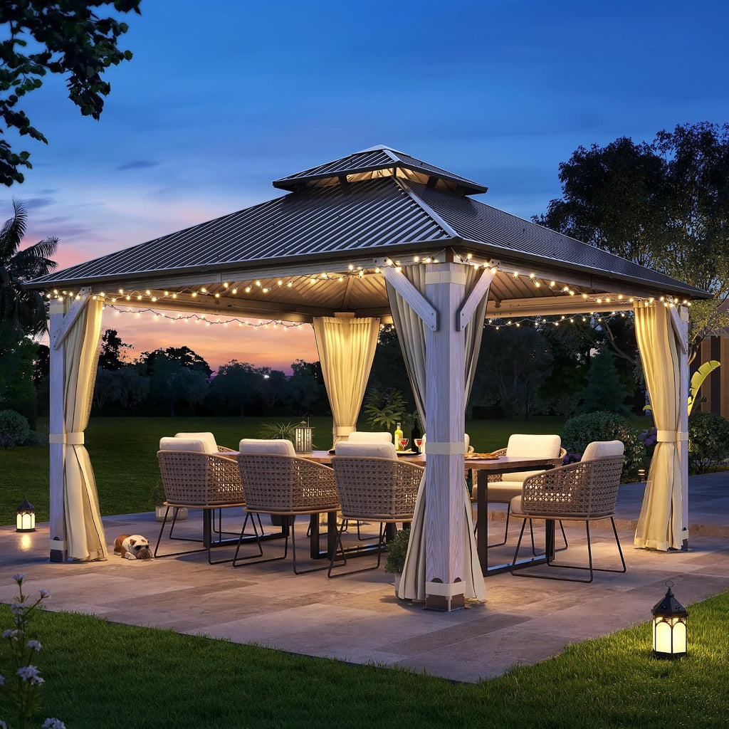 12'x12' Hardtop Wood Gazebo, Outdoor Double Roof Galvanized Steel Top Gazebo with Wooden Post, Curtains & Netting for Backyard, Patio, Deck (12x12 FT)