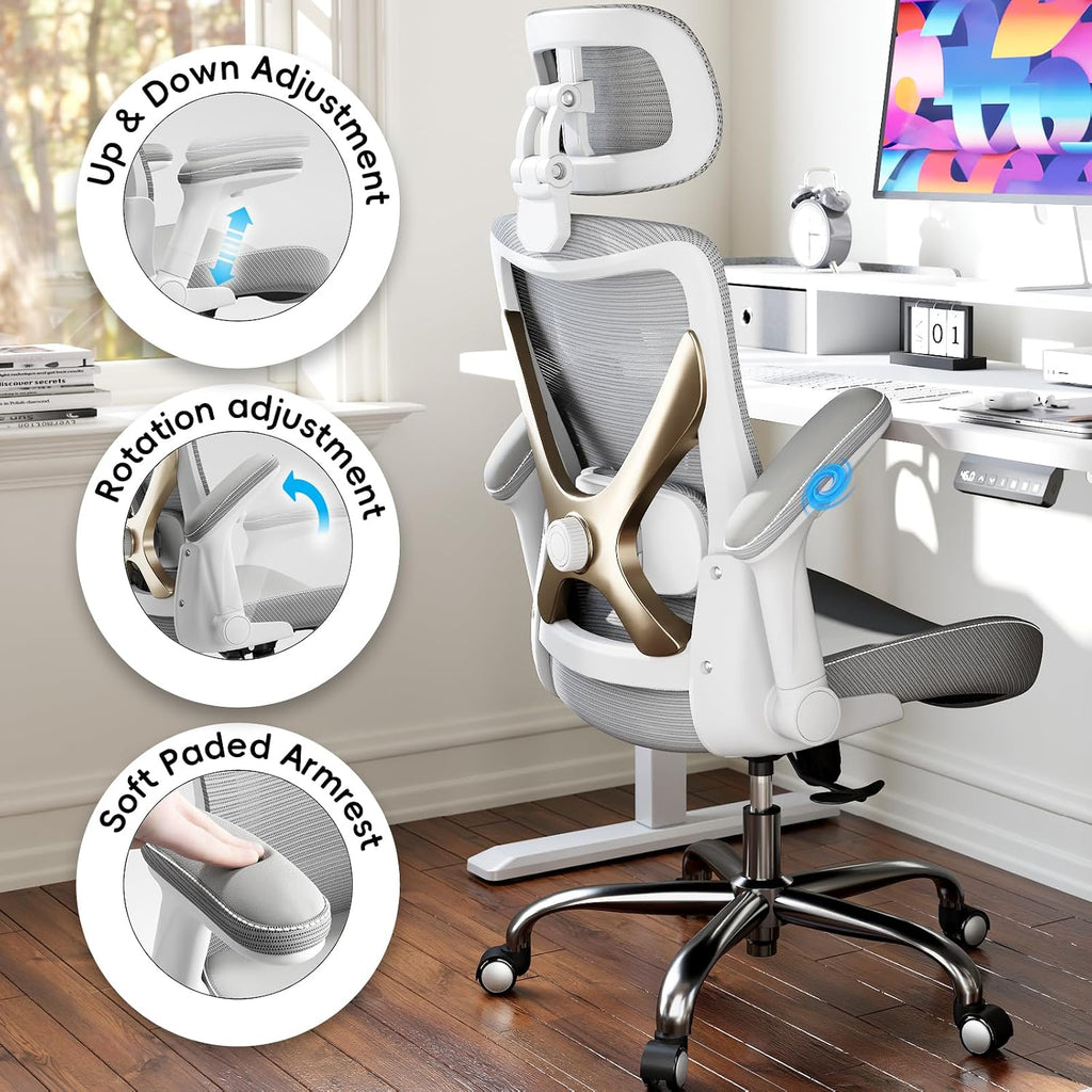 Ergalithic Office Home Ergonomic Desk Chair-Computer X-Shaped Chair Mesh PU Leather with Adjustable Lumbar Support-Executive Chair High Back with Headrest Flip-Up Arms for Long Hours (Grey)