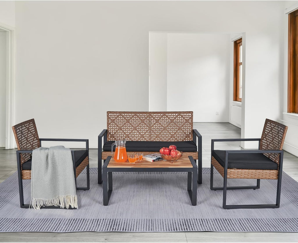 Merax 4 Pcs Patio Furniture Set, Outdoor Acacia Wood Table with 3 Chairs, All-Weather Garden Balcony Backyard Lawn Conversation Set (Black and Light Brown)