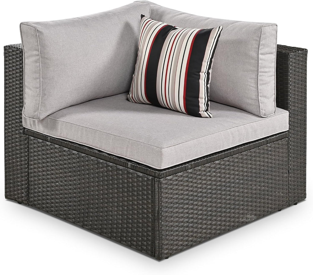 Merax 7-Piece Outdoor Wicker Sectional Sofa Set,Modular Rattan Conversation Set with Gray Cushions,Striped Green Pillows & Tempered Glass Coffee Table for Patio,Garden,Deck,Brown