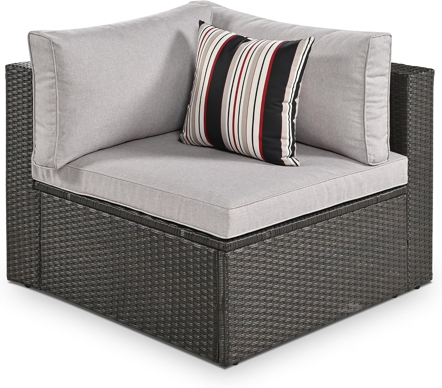 Merax 7-Piece Outdoor Wicker Sectional Sofa Set,Modular Rattan Conversation Set with Gray Cushions,Striped Green Pillows & Tempered Glass Coffee Table for Patio,Garden,Deck,Brown