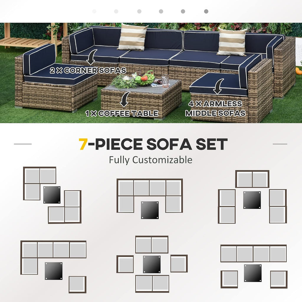 Outsunny 7 Piece Patio Furniture Set, Wicker Outdoor Sectional Sofa Set, All Weather PE Rattan Outdoor Furniture Conversation Sets with Cushions, Faux Wood Coffee Table, Striped Pillows, Blue