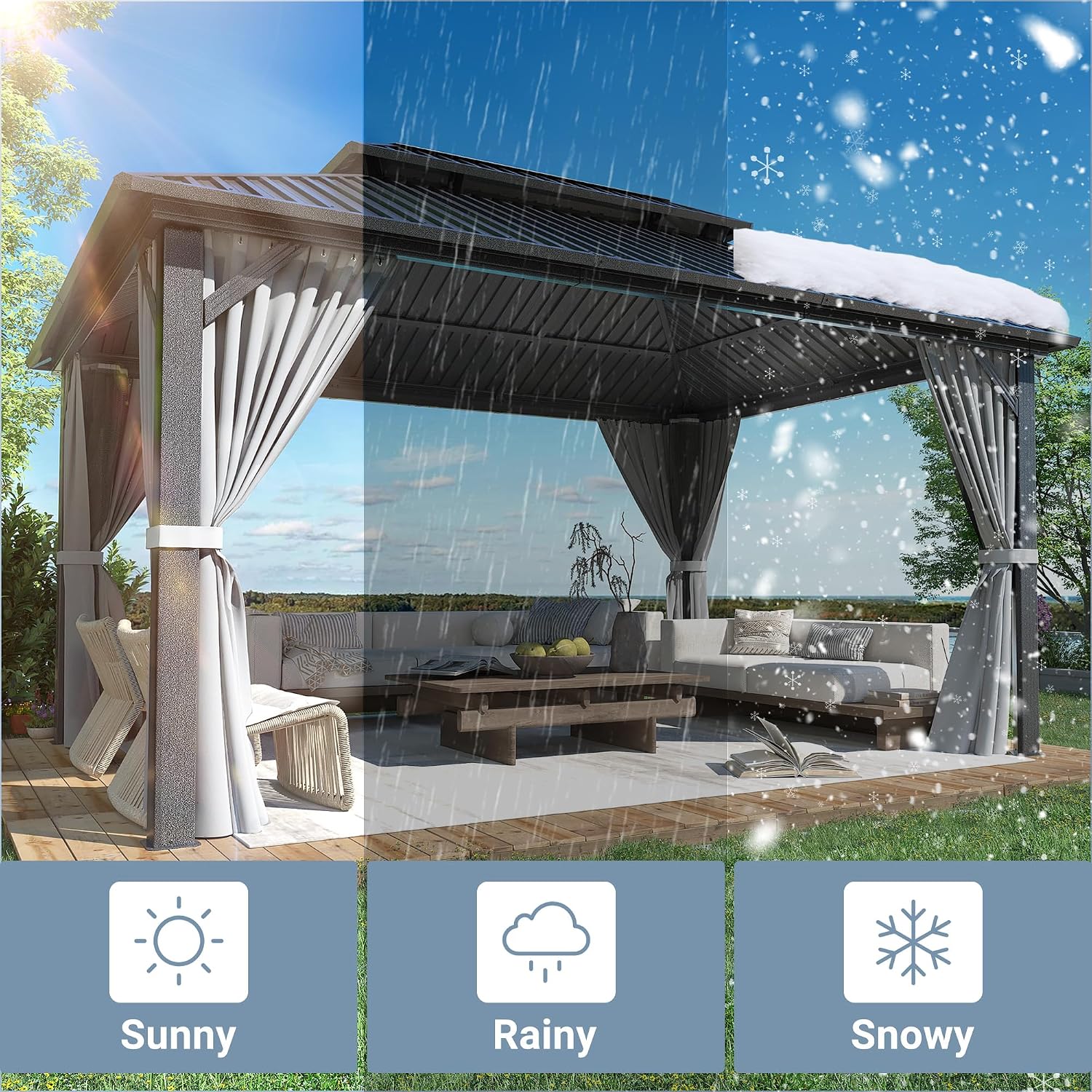 Polar Aurora 10x12 FT Hardtop Gazebo with Aluminum Frame, Galvanized Steel Double Roof Gazebo with Nettings and Curtains, Permanent Outdoor Metal Pavilion for Patio, Deck, Lawn and Garden, Gray