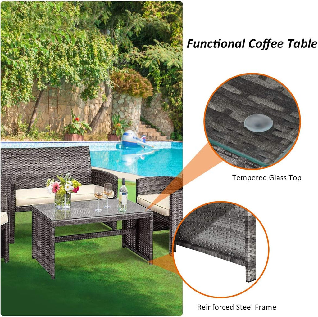 Goplus Rattan Patio Furniture Set 4 Pieces, Outdoor Wicker Conversation Sofa and Table Set with Soft Cushions & Tempered Glass Coffee Table for Balcony Garden Backyard (Beige(Mixed Color Wicker))