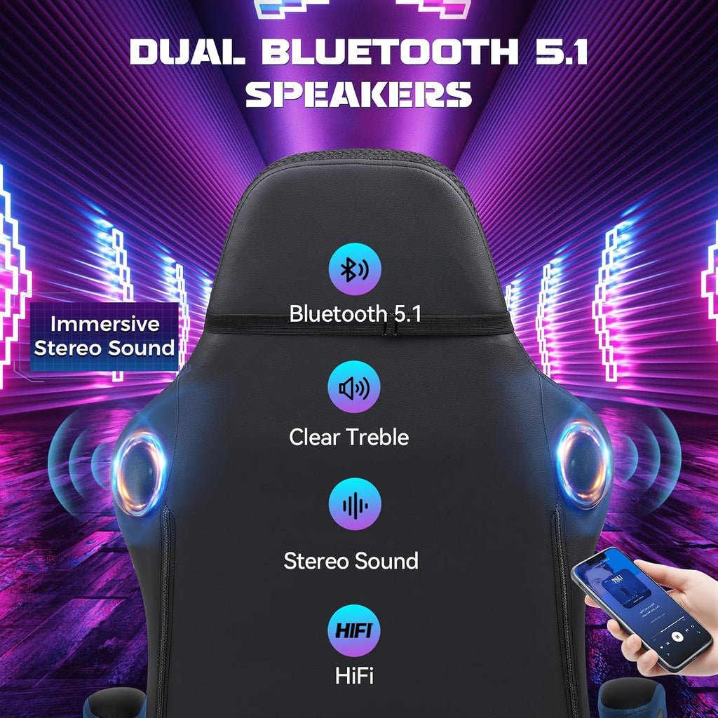 GTPLAYER RGB Gaming Chair with Speakers - LED Computer Game Chair for Adults, PC Home Office Chairs with Footrest & Lights, Reclining Desk Chairs, Dark Blue