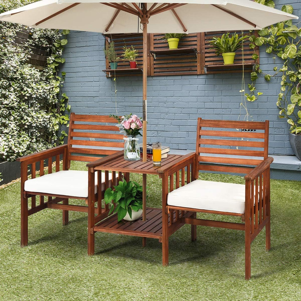 Tangkula Acacia Wood Loveseat, 3pcs Outdoor Table Chairs Set, Patio Conversation Set w/Coffee Table and Soft Cushions, 2.1-inch Umbrella Hole, 2-Seater Furniture Set (White)