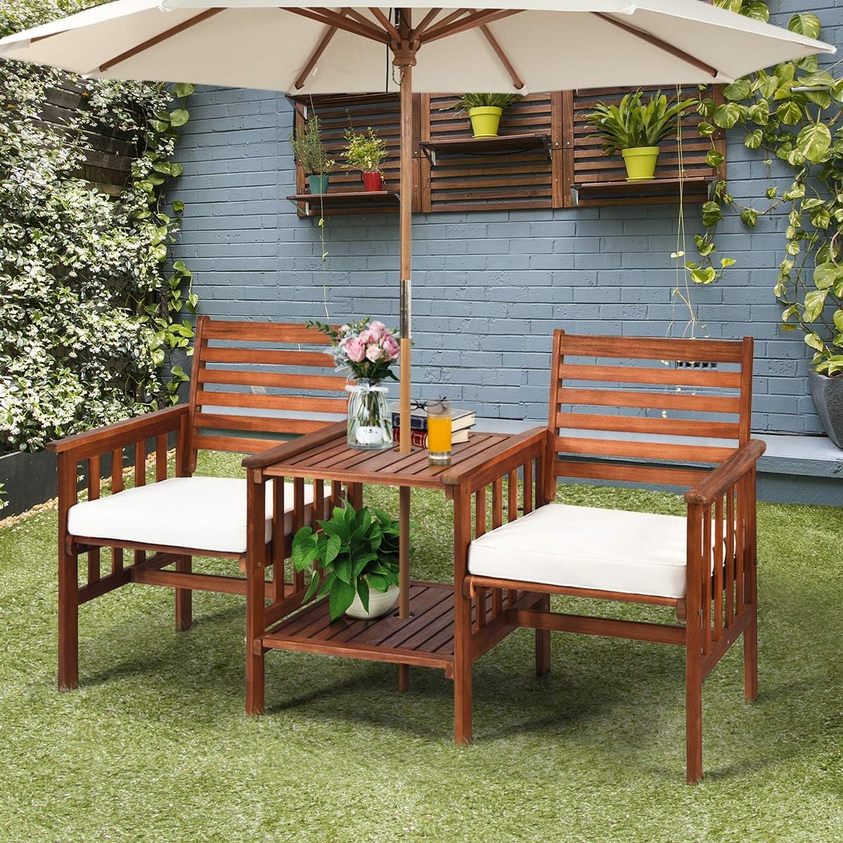 Tangkula Acacia Wood Loveseat, 3pcs Outdoor Table Chairs Set, Patio Conversation Set w/Coffee Table and Soft Cushions, 2.1-inch Umbrella Hole, 2-Seater Furniture Set (White)