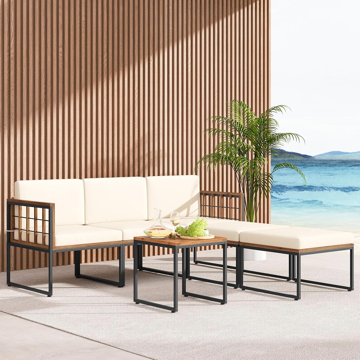 Tangkula 6 Pieces Acacia Wood Patio Furniture Set, Outdoor Sectional Conversation Sofa Set with Cushions, Coffee Table and Ottomans, Metal Frame Patio Sofas for Garden, Poolside, Backyard, Beige