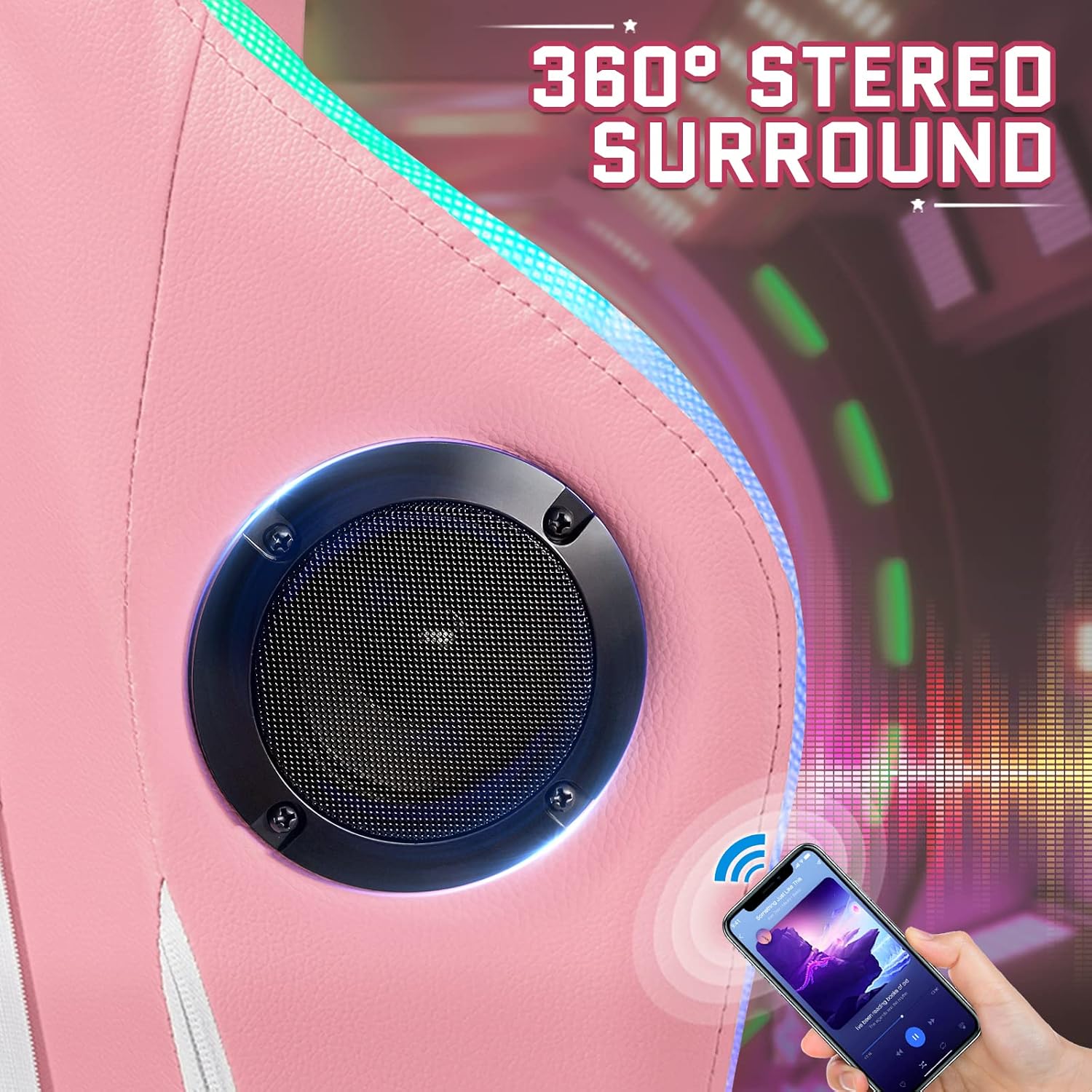 VANSPACE Computer Gaming Chair Pink with Bluetooth Speakers and RGB LED Lights for Girls Massage Chair with Footrest Cute Video Game Chairs High Back with Lumbar Support and Headrest Pink and White