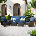 ovios 5-Pieces Patio Furniture Set, Outdoor Wicker Sofa Couch with Chairs Ottomans Comfy Cushions, High Back Modern All Weather Conversation Set, Brown Rattan, Navy Blue