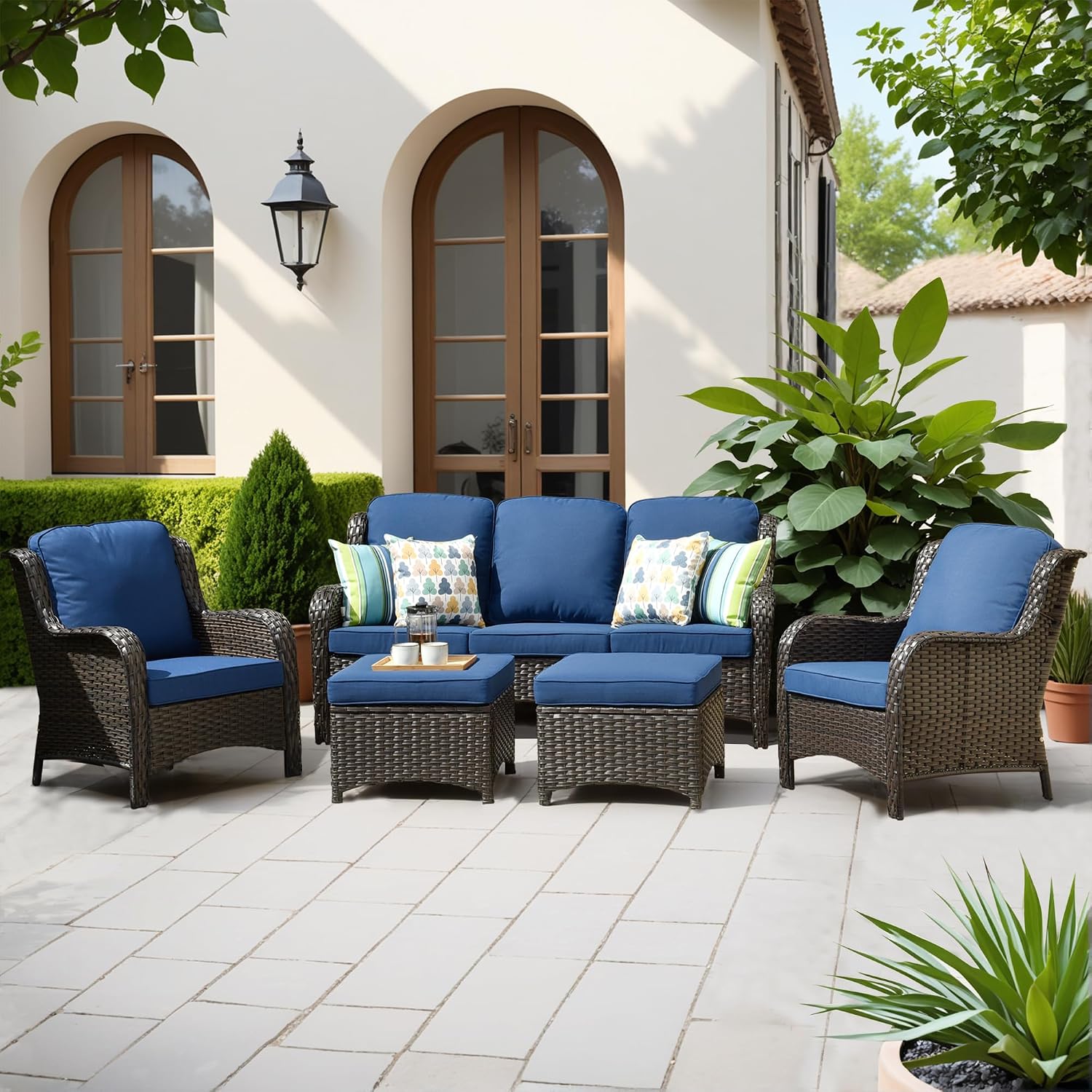 ovios 5-Pieces Patio Furniture Set, Outdoor Wicker Sofa Couch with Chairs Ottomans Comfy Cushions, High Back Modern All Weather Conversation Set, Brown Rattan, Navy Blue