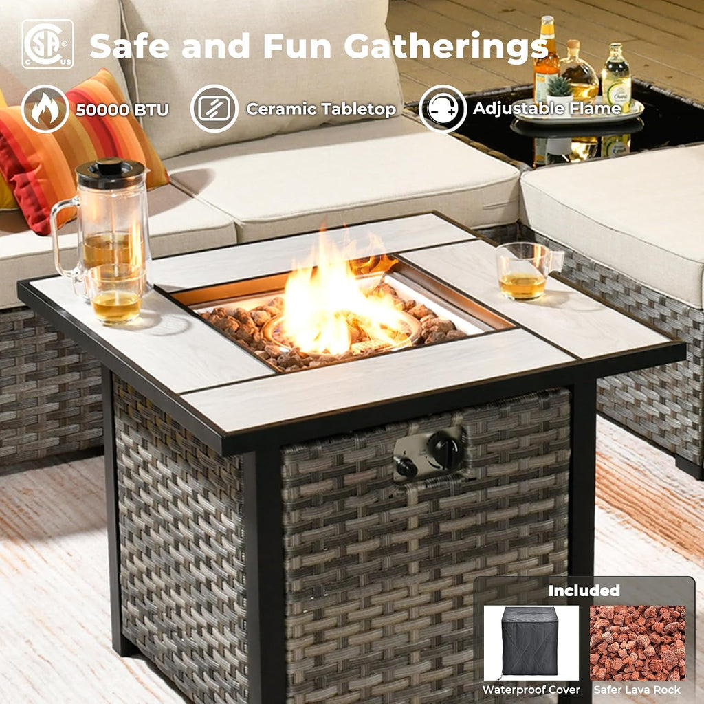ovios 10 Pieces Patio Furniture Set, Outdoor Wicker Sectional Sofa with 30' Fire Pit Table Swivel Chairs, Modern Modular Deep Seat Rattan Couch Conversation Sets, Beige