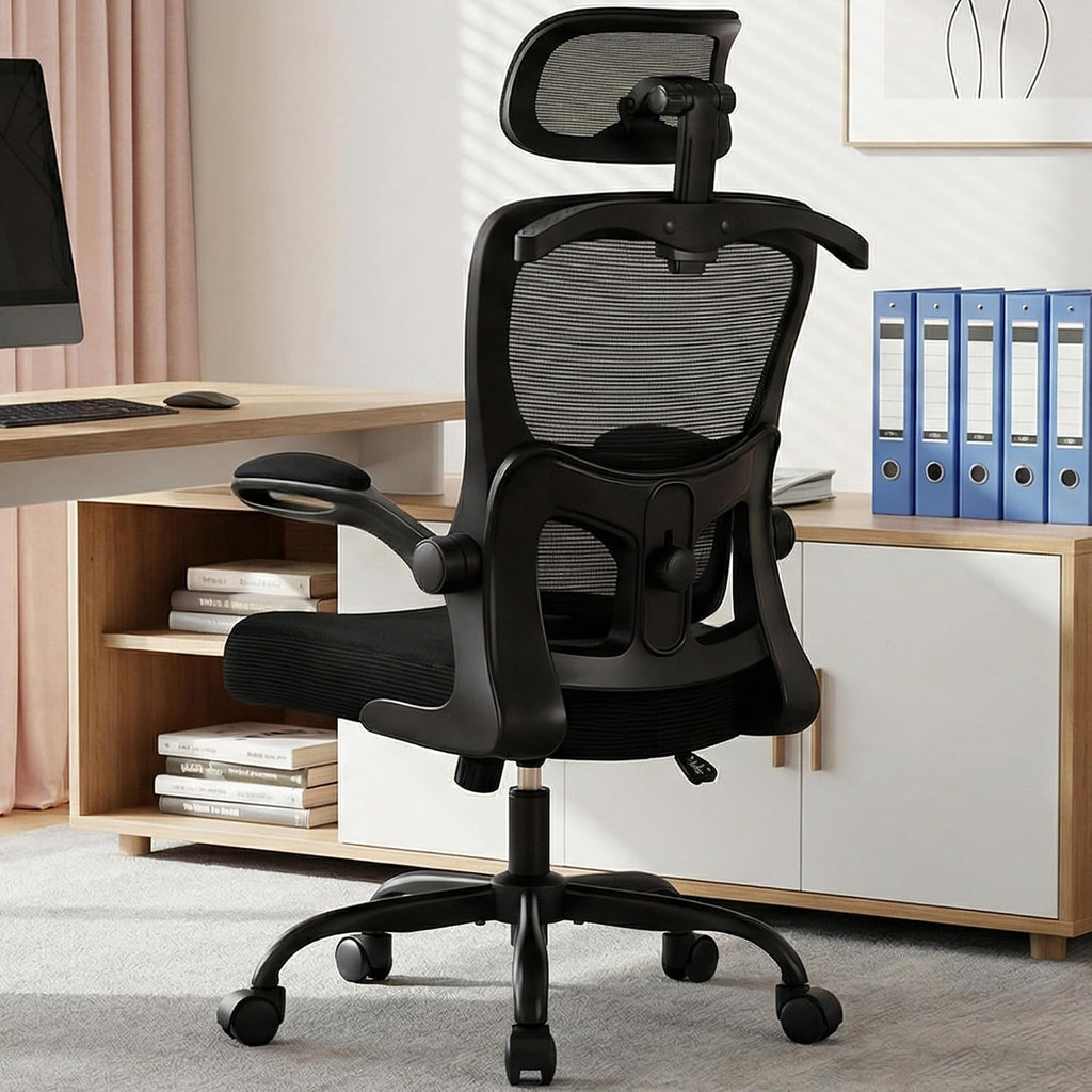 AreShark Office Chair-Ergonomic Desk Chair with Hidden Hanger & Flip-Up Arms, High Back Mesh Computer Chair with 2D Headrest & Adjustable Lumbar, Comfy Rolling Task Chair for Home Work Gaming, Black