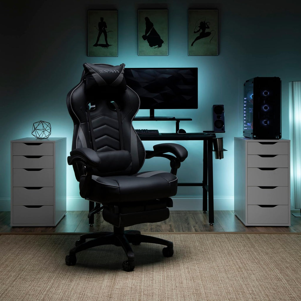 RESPAWN 110 Ergonomic Gaming Chair with Footrest Recliner - Racing Style High Back PC Computer Desk Office Chair - 360 Swivel, Adjustable Lumbar Support, Headrest Pillow, Padded Armrests - 2019 Grey
