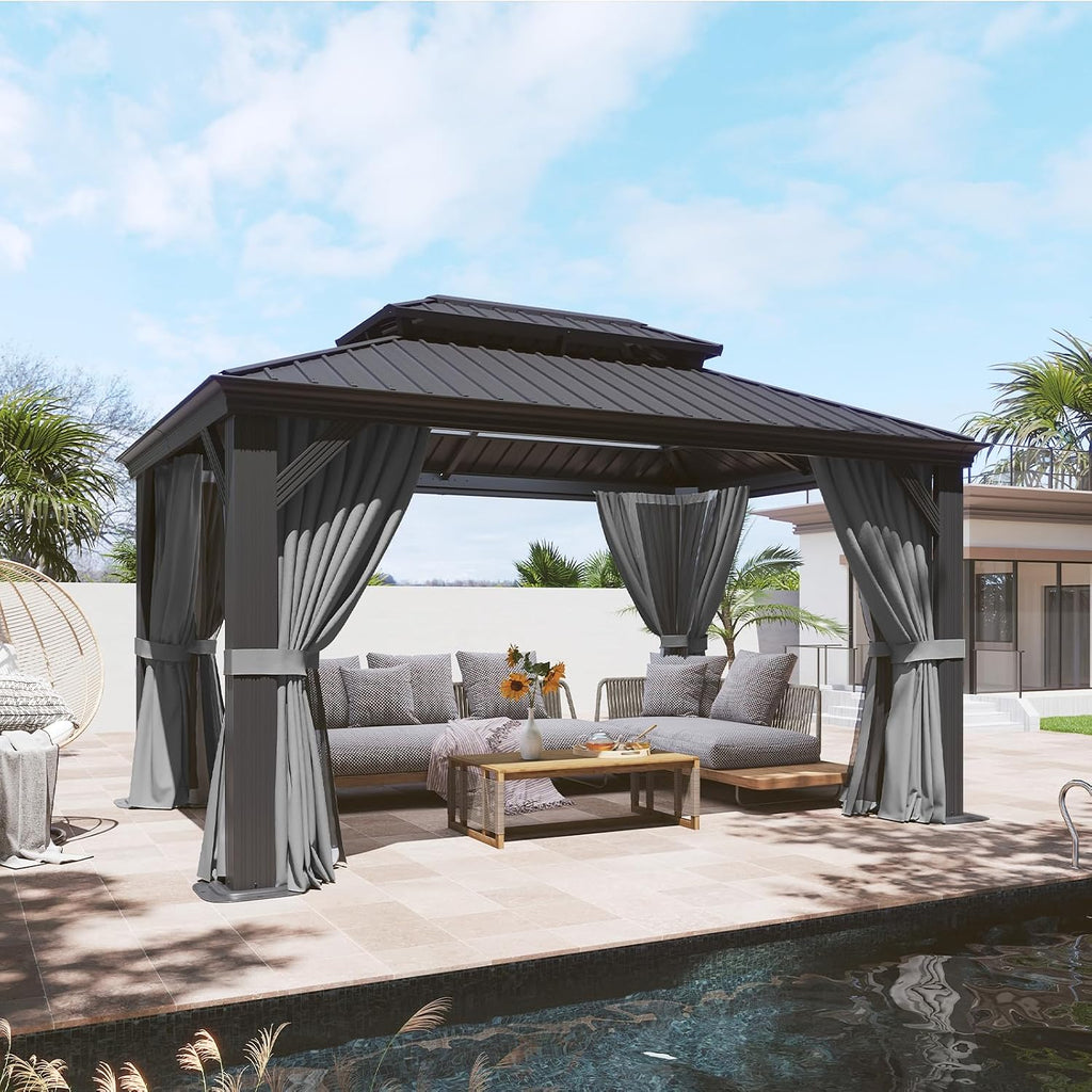 Aoxun 10' x 14' Permanent Hardtop Gazebo with Galvanized Steel Double Roof and Aluminum Frames Outdoor Large Pavilion Gazebo for Patio Deck Garden, Nettings and Curtains Included, Gray