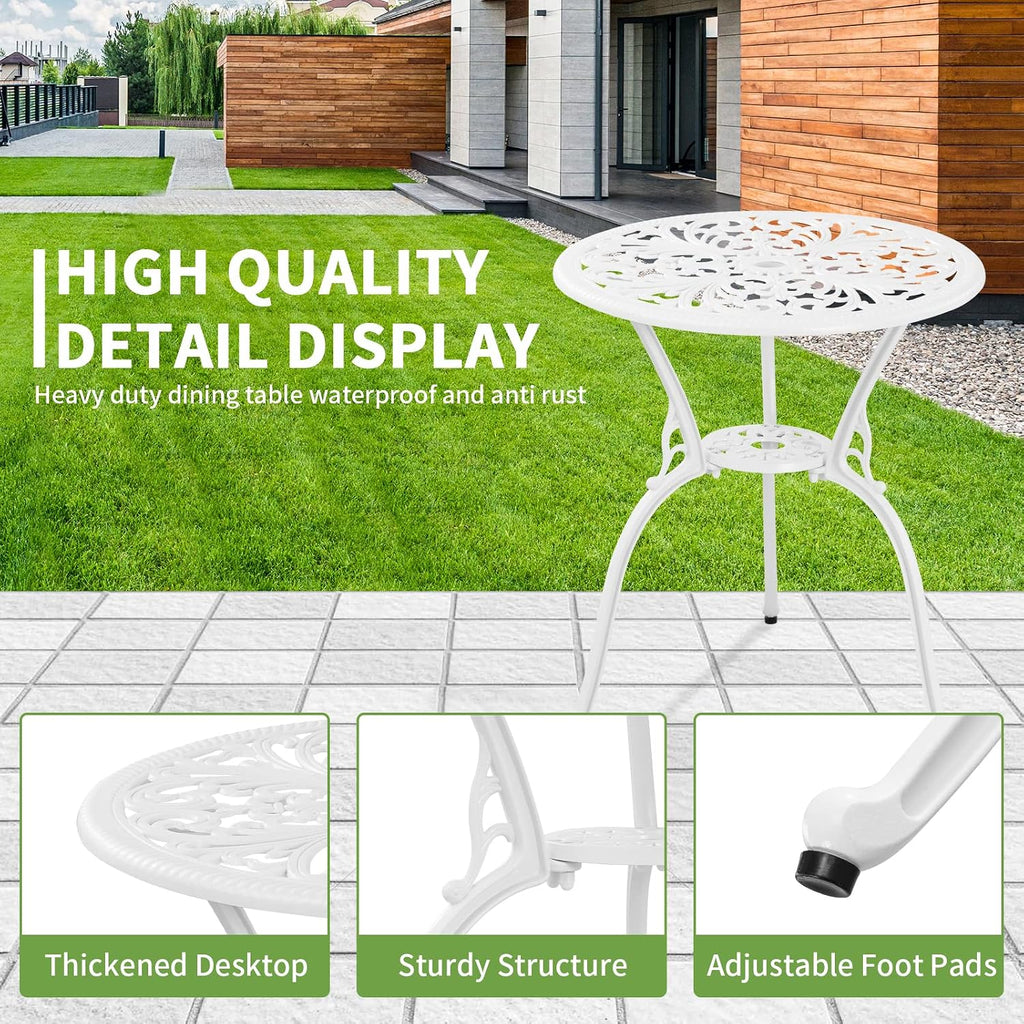 Patio Bistro Set 3 Piece Cast Aluminum Outdoor Bistro Set, Rust Resistance Bistro Table and Chairs of 2 with Umbrella Hole, Small Patio Set for Garden Outside, White