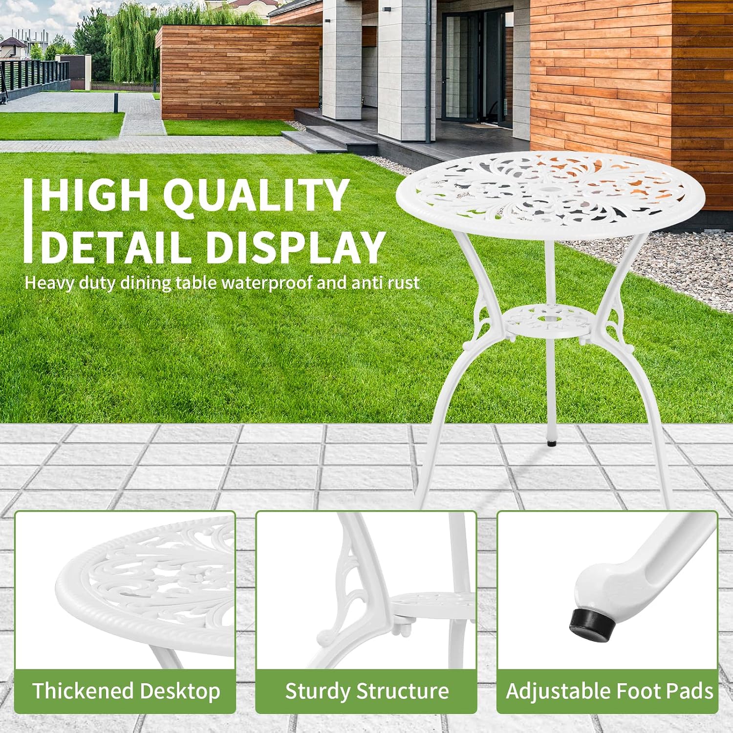 Patio Bistro Set 3 Piece Cast Aluminum Outdoor Bistro Set, Rust Resistance Bistro Table and Chairs of 2 with Umbrella Hole, Small Patio Set for Garden Outside, White