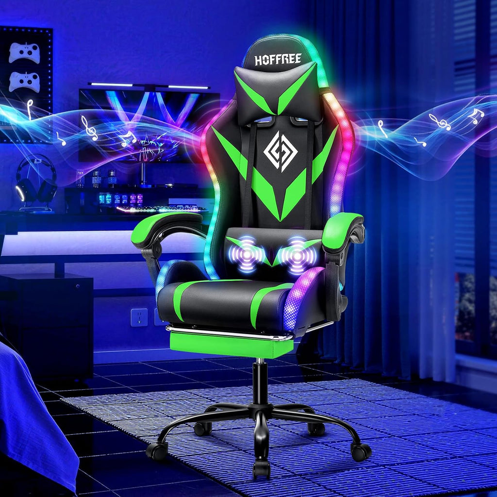 HOFFREE Gaming Chair with Bluetooth Speakers and Led Lights Massage Computer Gamer Chair with Footrest Ergonomic Video Game Chair for Adults Green and Black