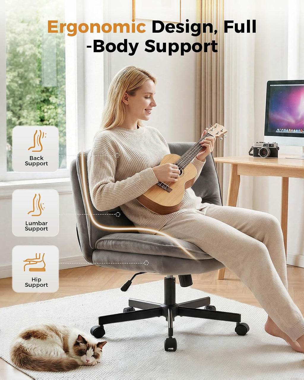 COMHOMA Cross Legged Office Chair with Wheels Armless-Office Desk Chair, Modern Vanity Computer Task Chairs for Home Bedroom, Comfortable Wide Seat for Lower Back Pain Relief, Soft Velvet, Gray