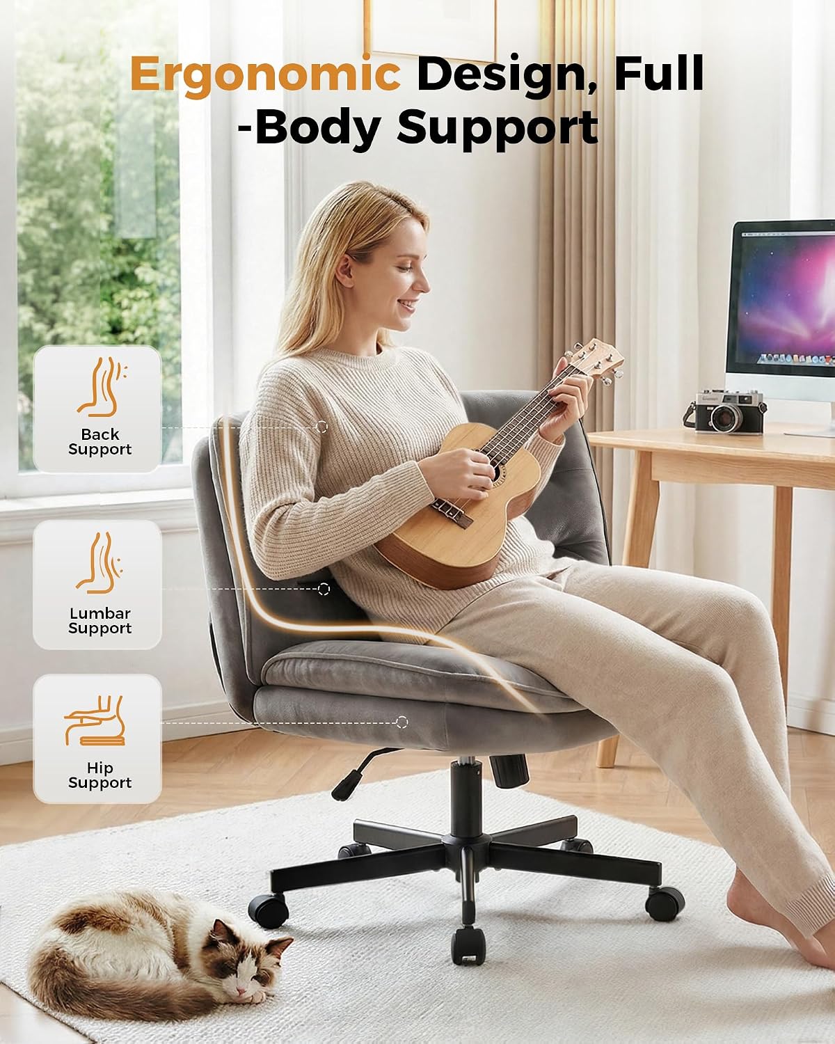 COMHOMA Cross Legged Office Chair with Wheels Armless-Office Desk Chair, Modern Vanity Computer Task Chairs for Home Bedroom, Comfortable Wide Seat for Lower Back Pain Relief, Soft Velvet, Gray