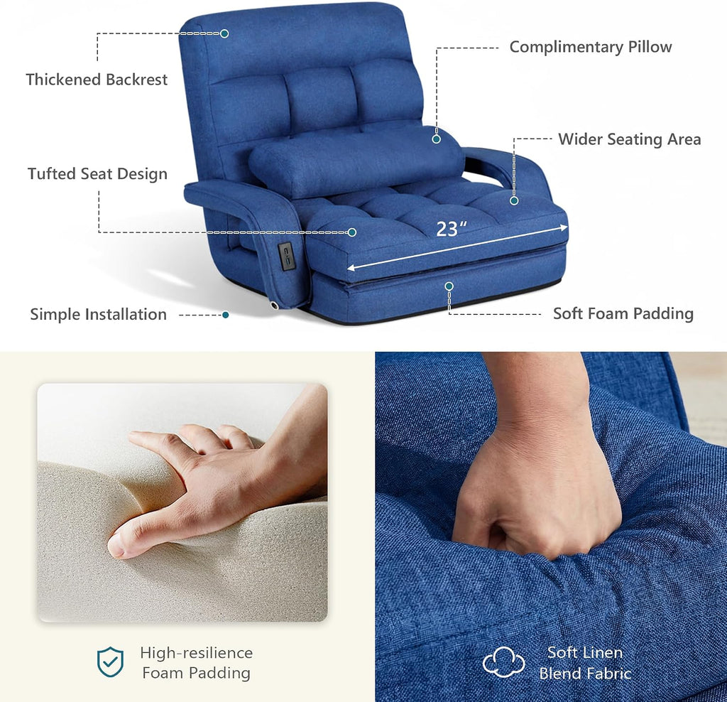 STHOUYN Comfy Bedroom Chair with 2 USB Charging Ports, 5-Position Floor Couch Gaming Chairs for Adults, Lounge Chair Indoor Folding Lazy Sofa Meditation Arm Dorm Chair Living Room (Navy Blue)