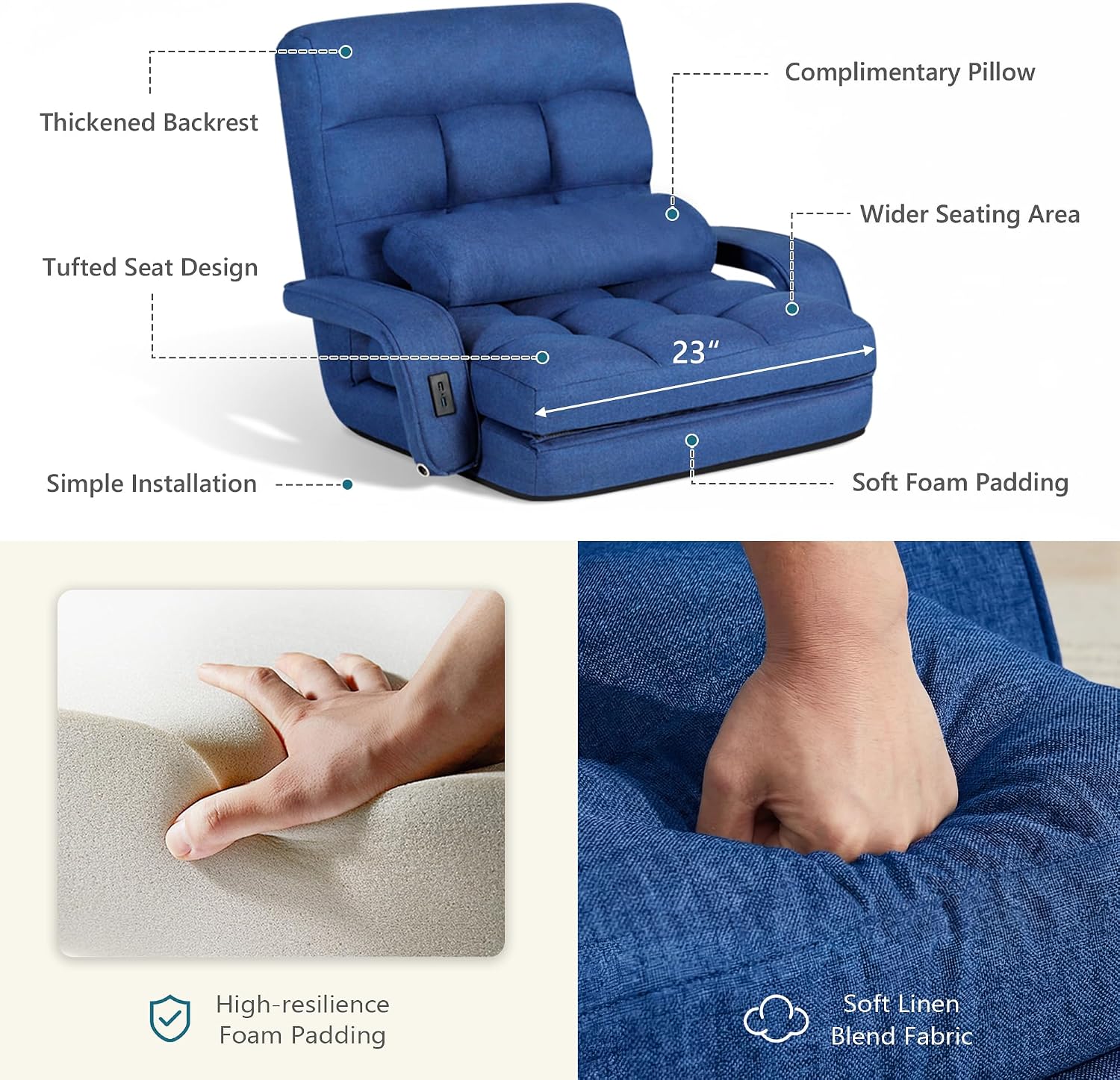 STHOUYN Comfy Bedroom Chair with 2 USB Charging Ports, 5-Position Floor Couch Gaming Chairs for Adults, Lounge Chair Indoor Folding Lazy Sofa Meditation Arm Dorm Chair Living Room (Navy Blue)