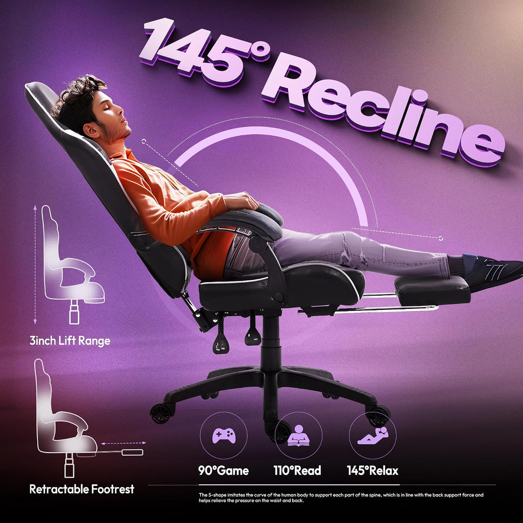 Dowinx Gaming Chair with Massage Lumbar Support and Footrest, Gaming Chairs for Adults, Ergonomic Computer Chair High Back with Pocket Spring Cushion, Swivel Recliner with Headrest, Black and White