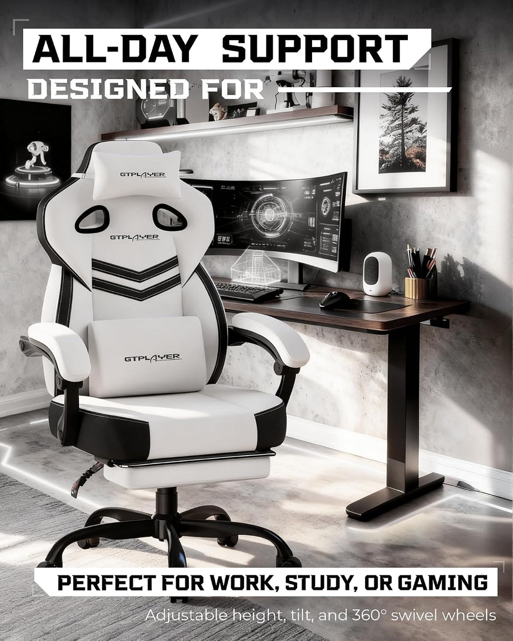 GTPLAYER Gaming Chair, Computer Chair with Footrest and Lumbar Support for Adults, 360°-Swivel Big & Tall Reclining Seat for Office or Gaming (White)