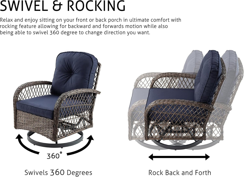 SHA CERLIN 3 Pieces Patio Furniture Set, Outdoor Swivel Glider Rocker, Wicker Patio Bistro Set with Rocking Chair, Cushions and Table (Blue)