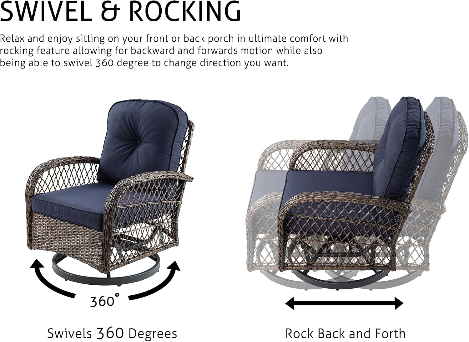 SHA CERLIN 3 Pieces Patio Furniture Set, Outdoor Swivel Glider Rocker, Wicker Patio Bistro Set with Rocking Chair, Cushions and Table (Blue)