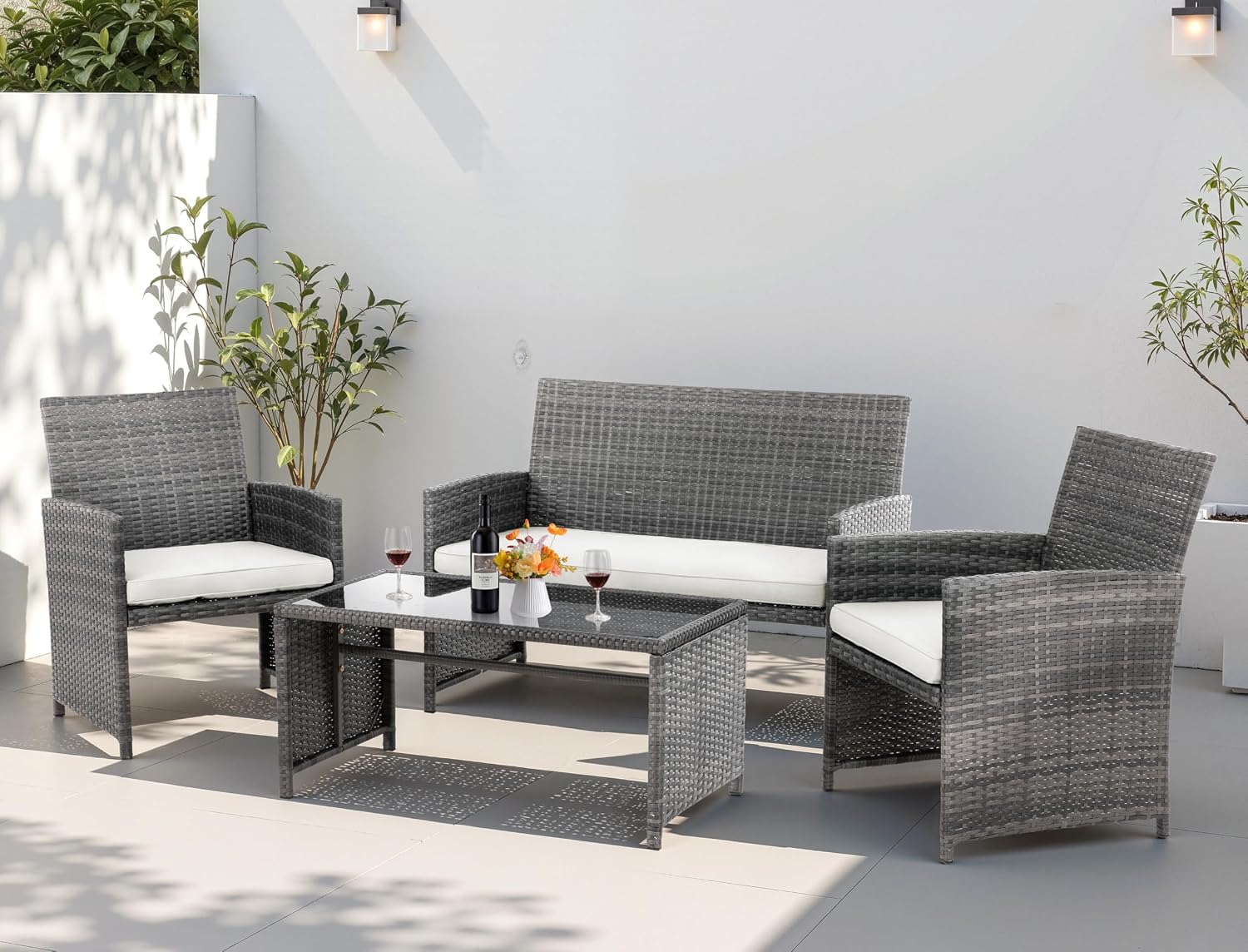 4 Piece Patio Ratten Set Outdoor Furniture Set Wicker Conversation Set with Cushions and Tempered Glass Tabletop,Beige