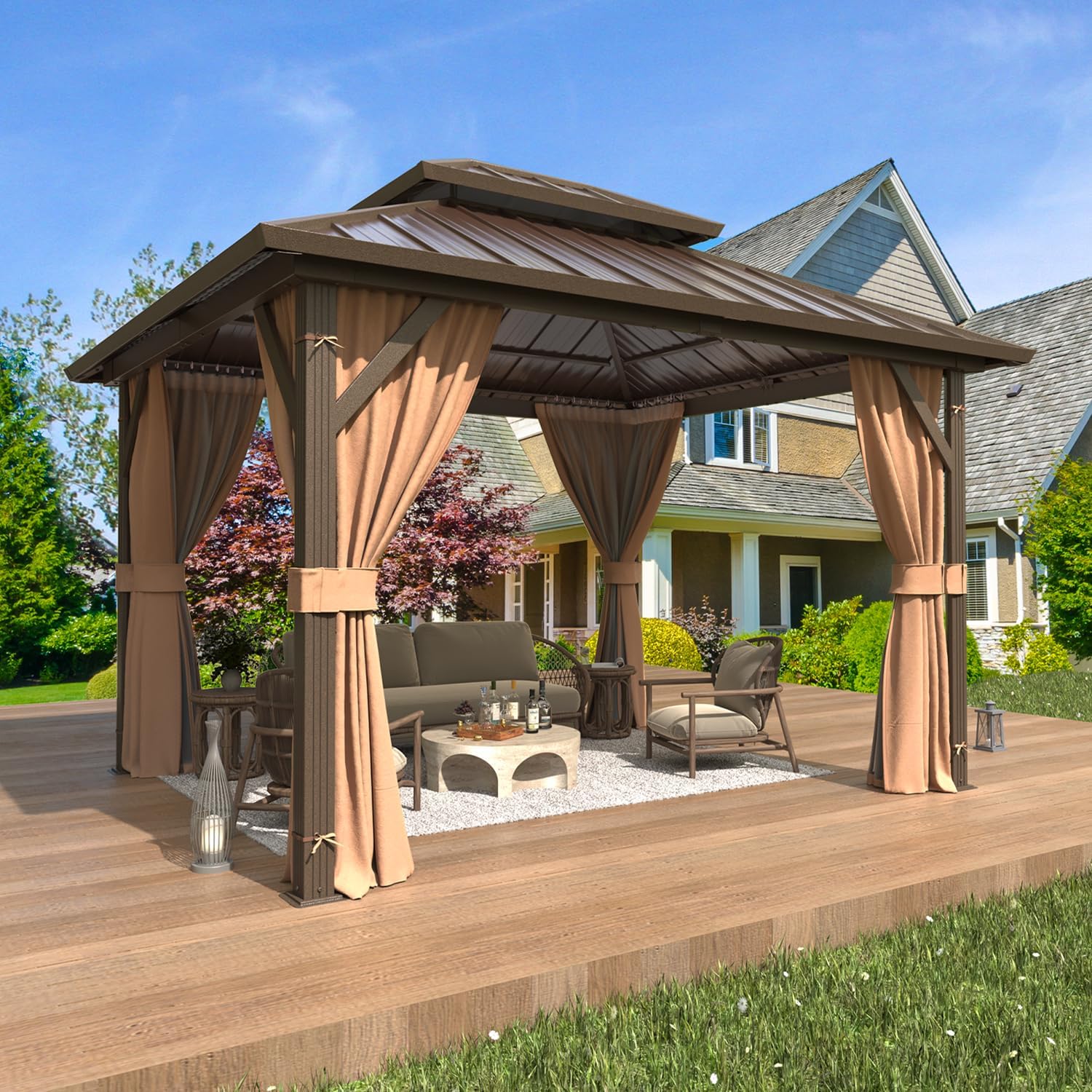 EROMMY 10'x12' Gazebo Hardtop, Galvanized Steel Double Roof Metal Gazebo with Aluminum Frame, Permanent Outdoor Pavilion with Curtain and Netting for Patio, Lawn and Garden, Brown