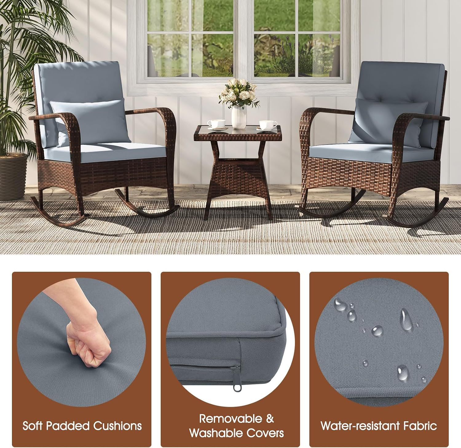 ORALNER 3 Pieces Patio Furniture Set, Outdoor Wicker Rocking Chairs with Cushions, Pillows, Glass Coffee Table, Rattan Bistro Rocker Set for Balcony Front Porch Poolside Garden Deck Yard (Grey)