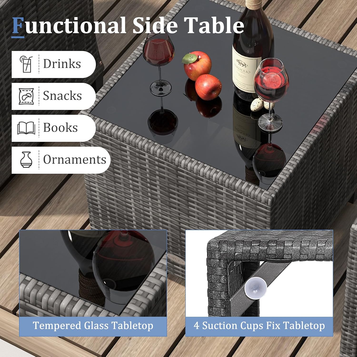 KOTEK 3 Piece Patio Furniture Set, Outdoor PE Rattan Conversation Set with Washable Cushions & Tempered Glass Tabletop, Wicker Chairs and Table Set for Porch, Garden, Balcony (Black)