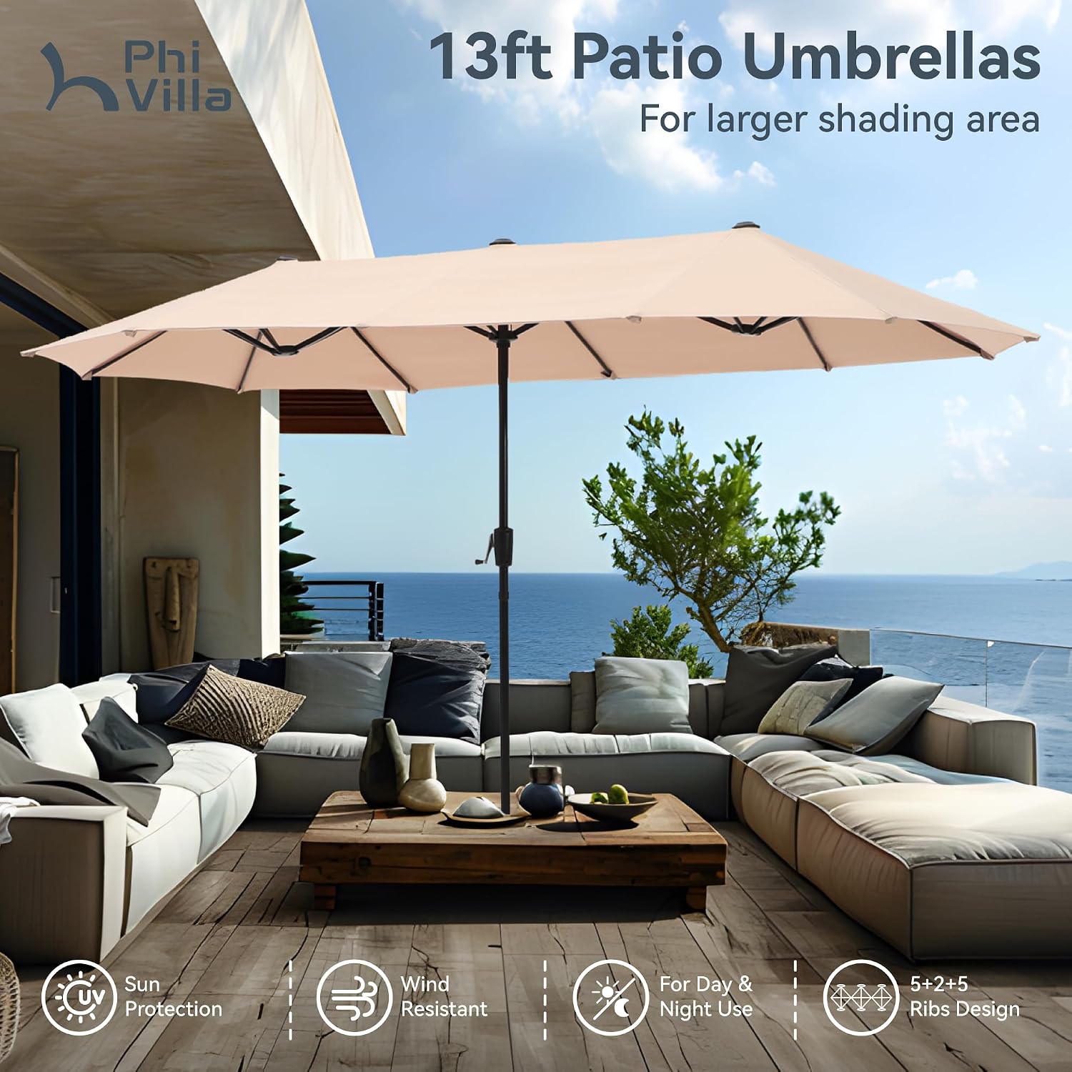 PHI VILLA 7 Piece Patio Dining Furniture Set with Umbrella, Outdoor Table and Chairs for 6, Foldable Patio Dining Chairs (Black) with Adjustable Backrest & Metal Dining Table for Garden, Deck