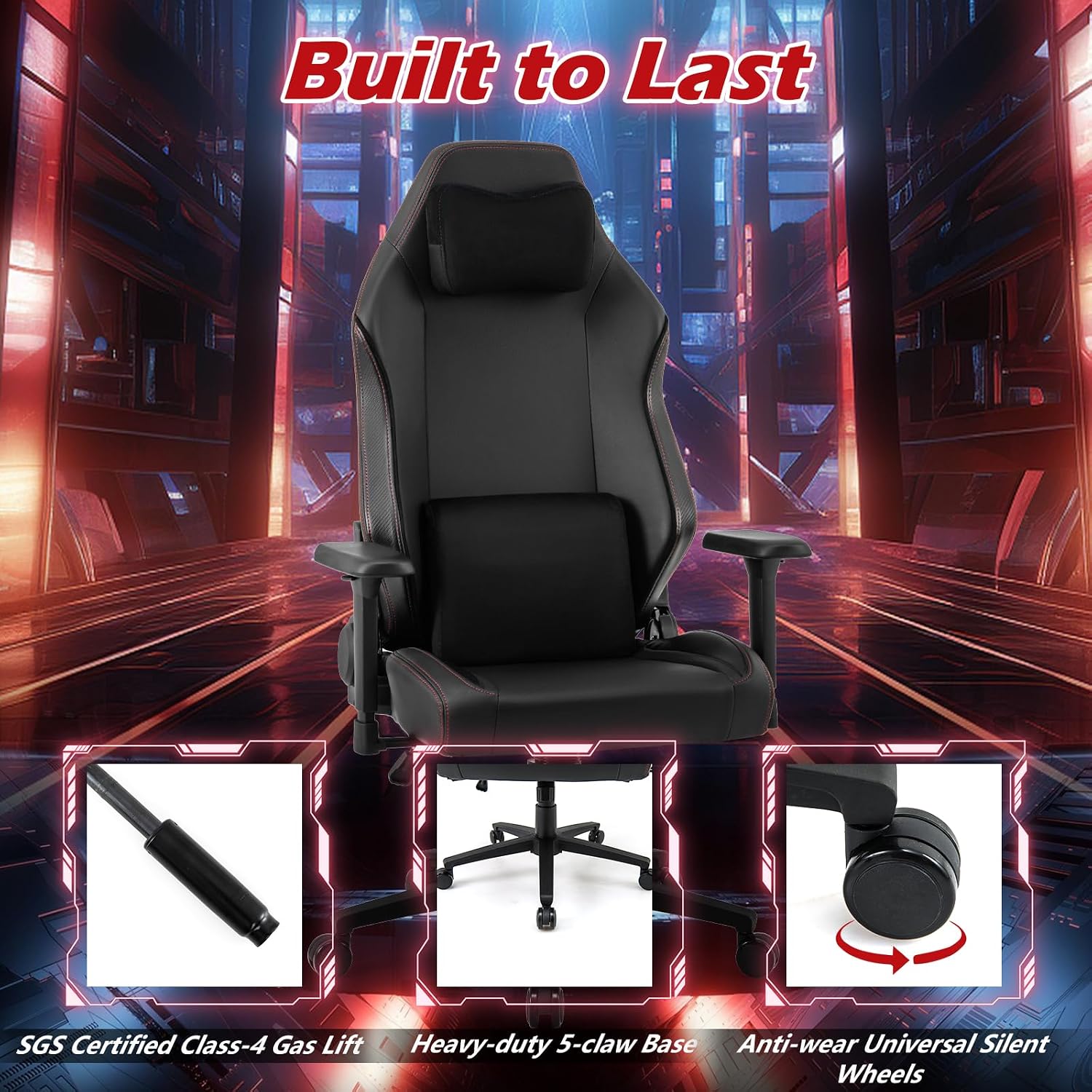 Giantex Gaming Chair, Video Game Chair with Magnetic Headrest & Lumbar Support, Ergonomic Computer Chair w/Rocking Function & 2D Armrests, Height Adjustable Swivel Task Chair, Black