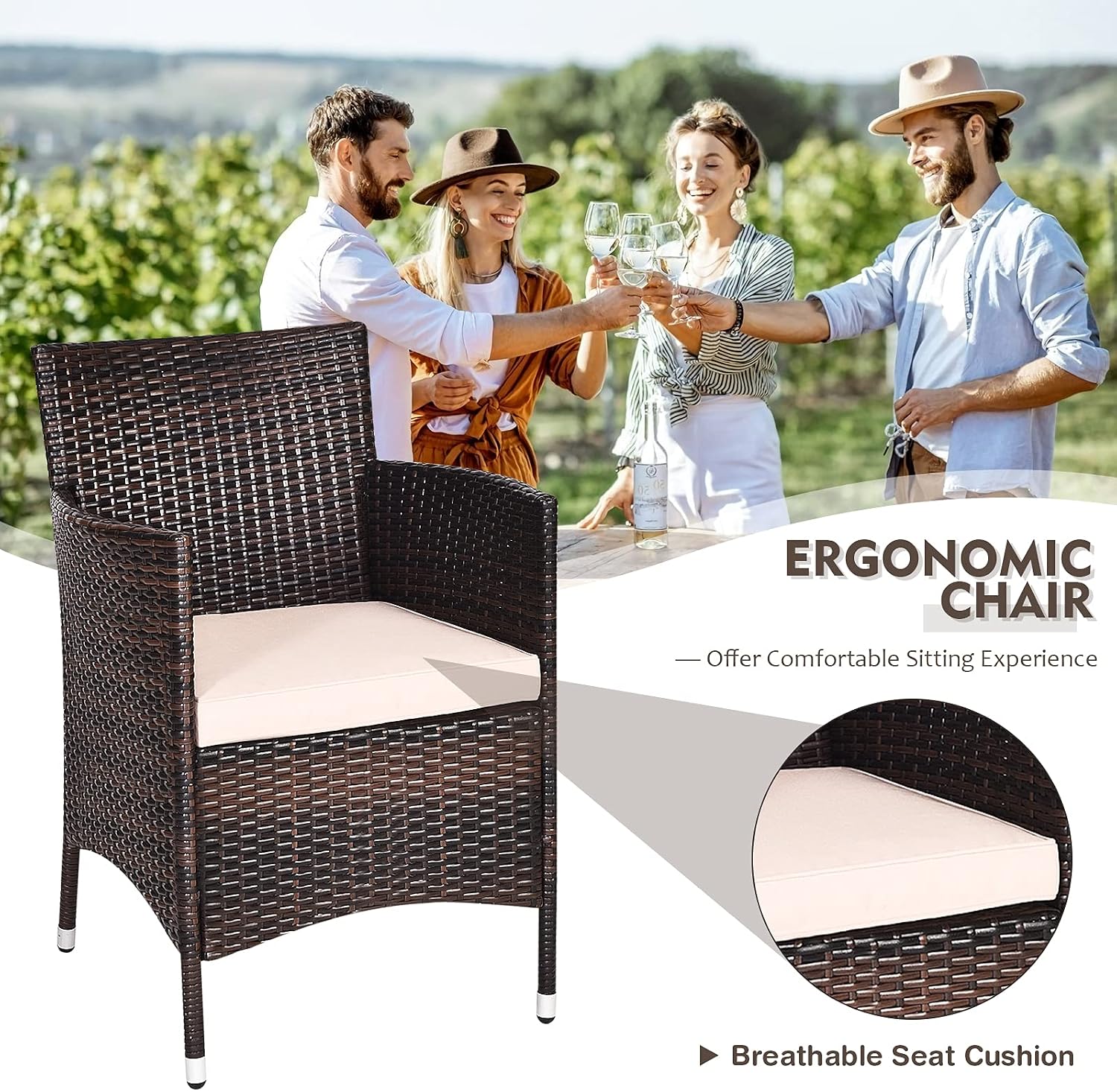 DORTALA Wicker Patio Furniture Set 3 Piece, Small Outdoor Table & Chairs Set with Cushions, All-Weather Rattan Conversation Bistro Set for Balcony, Porch, Backyard, Deck, Beige