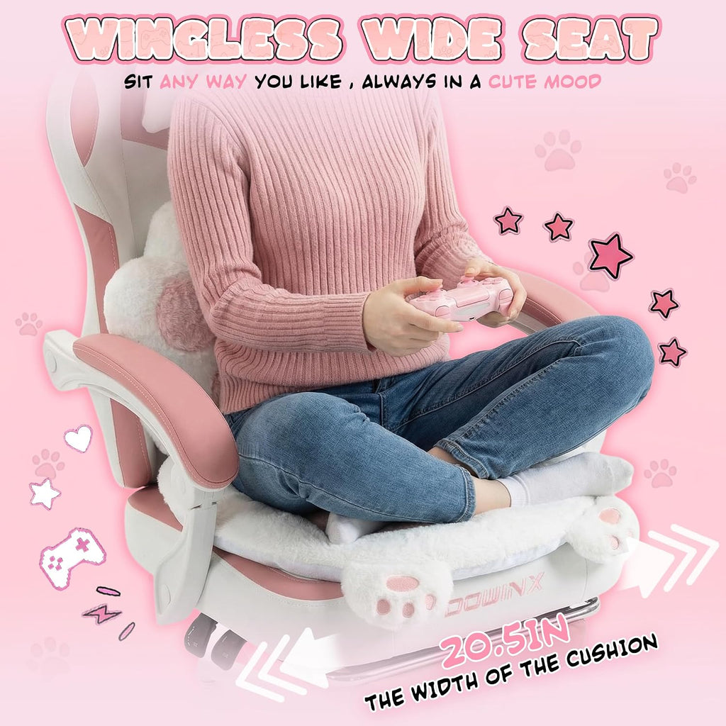 Dowinx Gaming Chair with Cat Ears and Paw Lumbar Pillow, Ergonomic Reclining Chair, Memory Foam and Spring Cushion, Footrest, 300lbs Capacity, Cute and Comfortable Design for Women & Girls