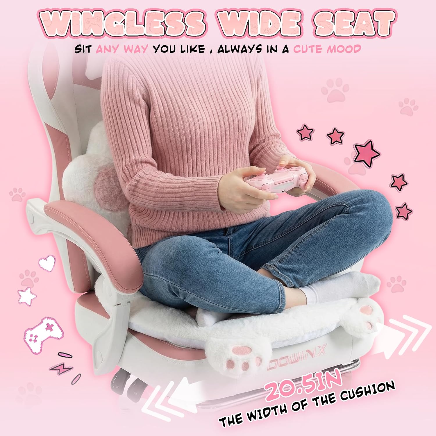 Dowinx Gaming Chair with Cat Ears and Paw Lumbar Pillow, Ergonomic Reclining Chair, Memory Foam and Spring Cushion, Footrest, 300lbs Capacity, Cute and Comfortable Design for Women & Girls