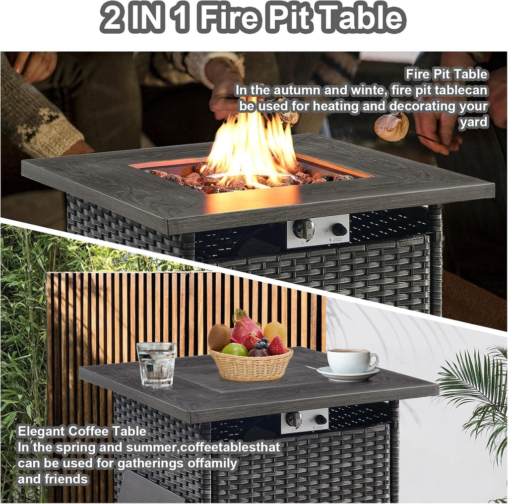 HUMMUH 5 Piece Patio Furniture Set,Wicker Swivel Rocker Patio Chairs Set of 4 with 30'' Fire Pit Table Outdoor Furniture Set for Porch,Garden,Backyard