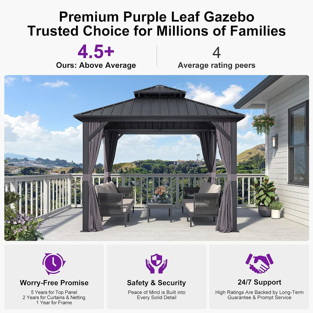 PURPLE LEAF 10' X 10' Hardtop Gazebo Permanent Gazebo with Galvanized Steel Double Roof for Patio Lawn Garden Aluminum with Netting and Curtains Grey